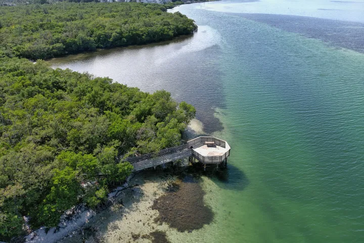 a boat traveling along a river next to a body of water