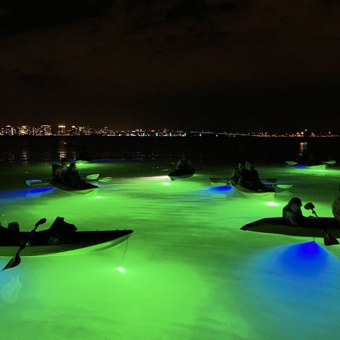 a group of people performing on stage in front of a body of water