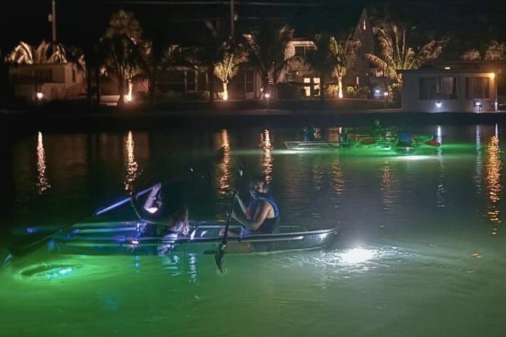 People kayaking at night on a lit-up waterway near illuminated buildings.