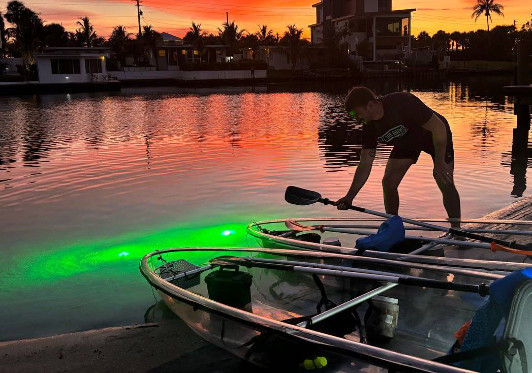 Glass Bottom Kayak LED Illuminated Fish Feeding Night Tours In