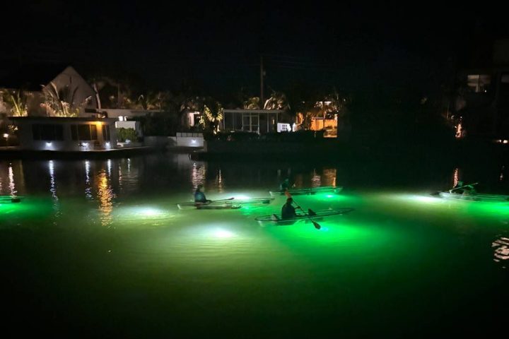 People kayaking on a canal at night with glowing green lights.