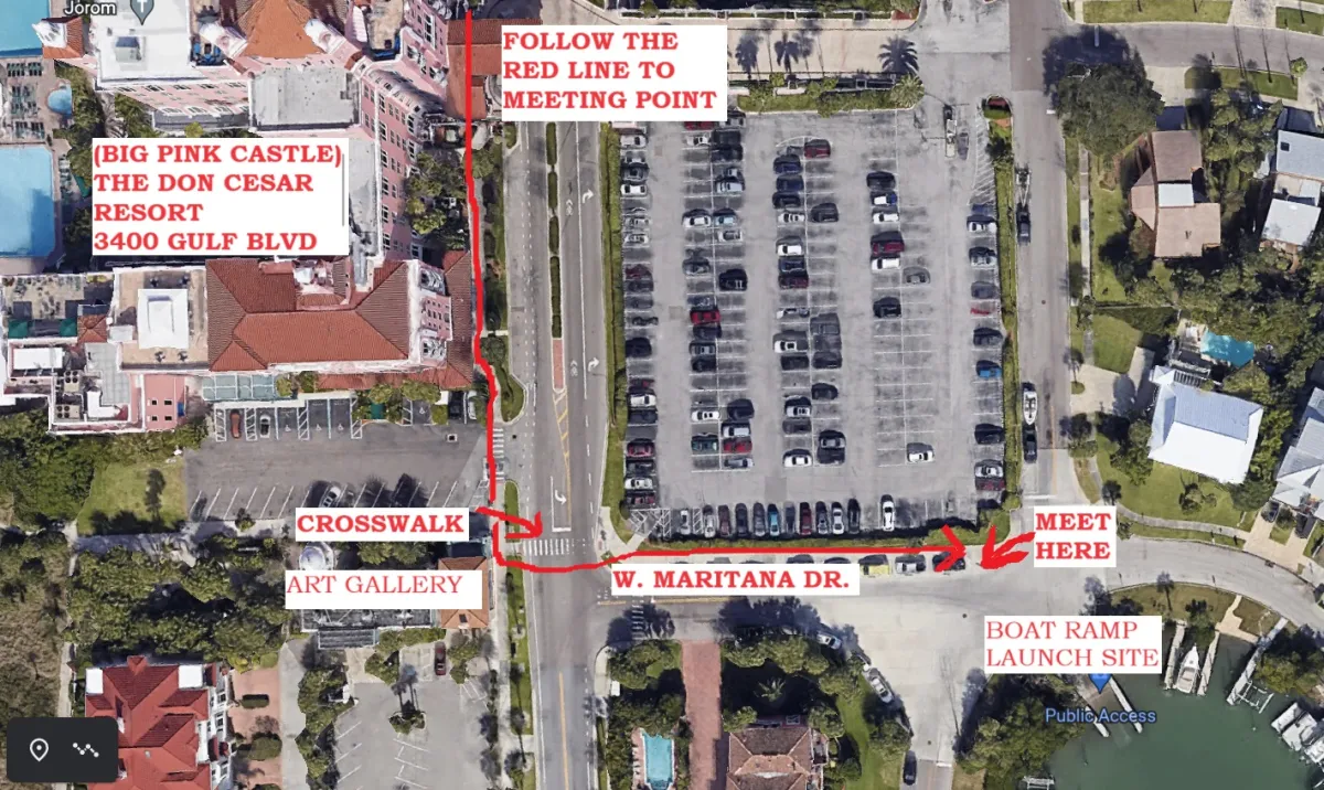 Aerial view with red path from Don CeSar Resort to meeting point near parking lot on Maritana Drive.