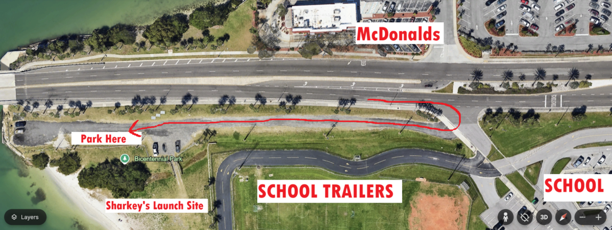 Aerial view with labeled locations: McDonald's, School, School Trailers, Park Here, and Sharkey's Launch Site.